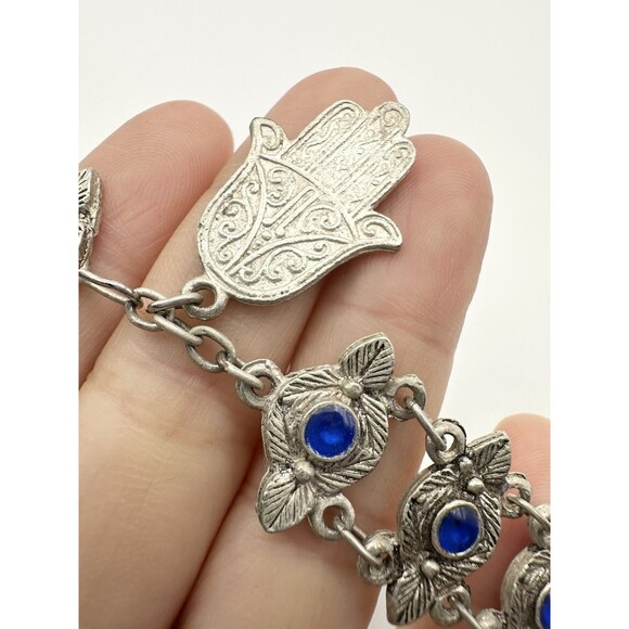 Silver Tone Blue Panel Floral Hamsa Hand Bracelet 7.5” - Picture 6 of 6